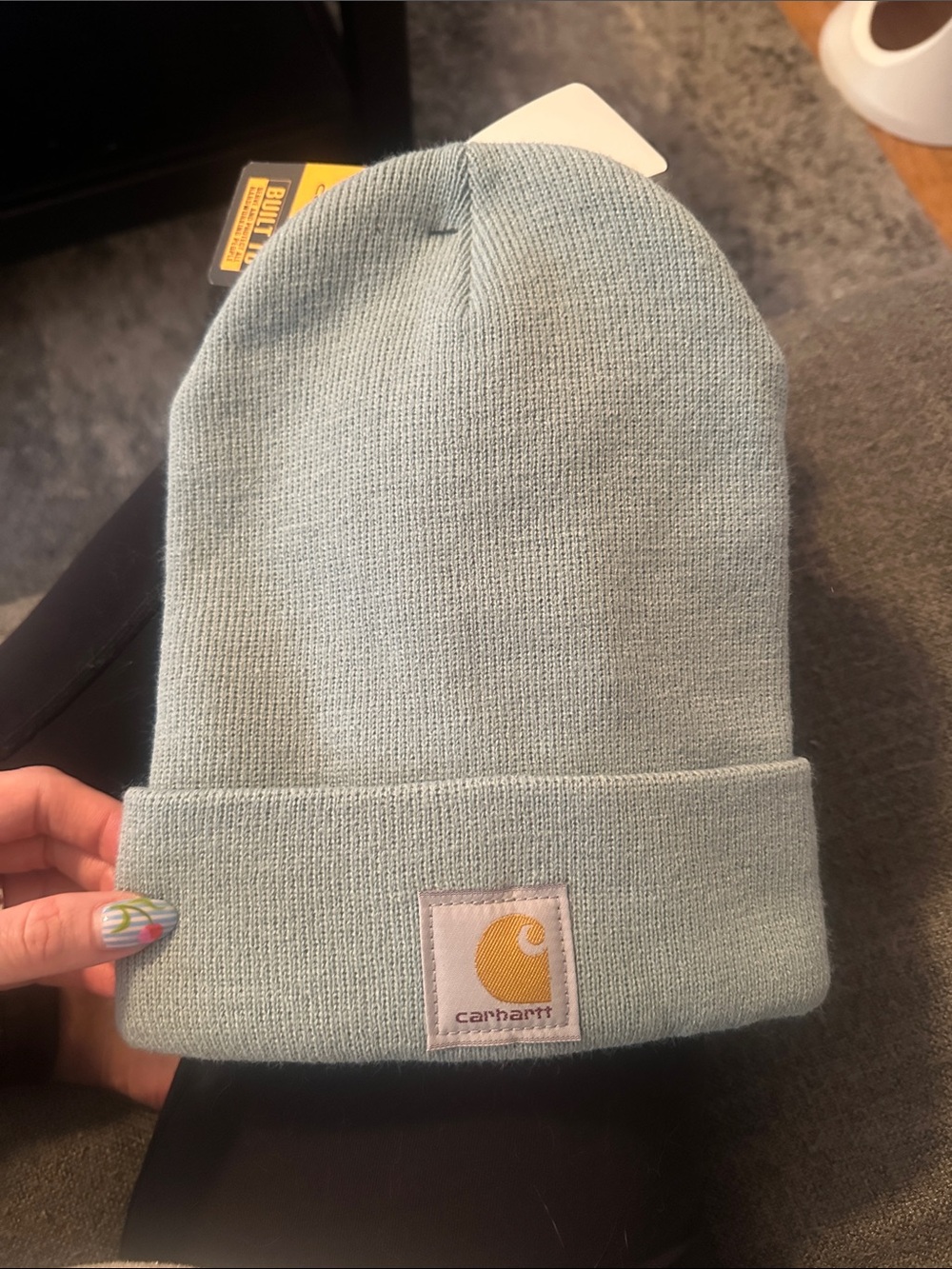 Carhartt Knit Cuffed Beanie - Mint Blue with Yellow Logo